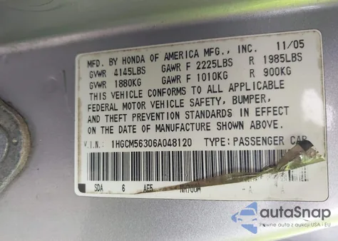 2006 Honda Accord 2.4 Se из США, поврежденный, VIN 1HGCM56306A048120